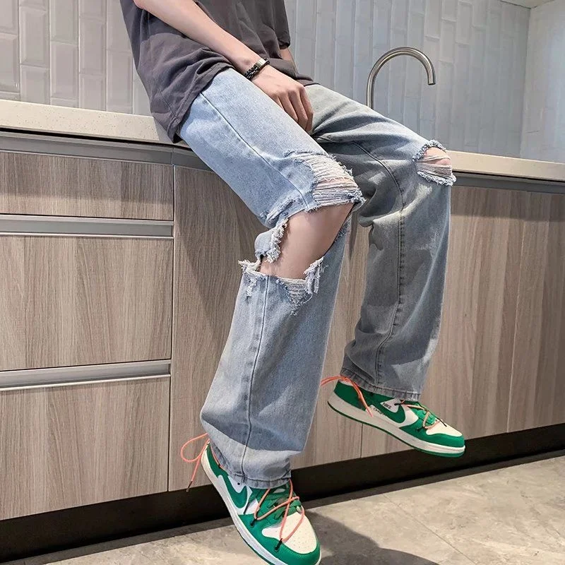 Summer Blue Ripped Jeans Men Fashion Casual Baggy Straight Jeans Men Streetwear Loose Hip Hop Hole Denim Pants Mens Trousers