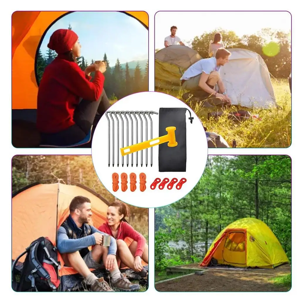 

1 Set Tent Accessories Kit Camping Peg Stake Hook with 4 Reflective Rope Plastic Hammer Remover Hiking Backpacking