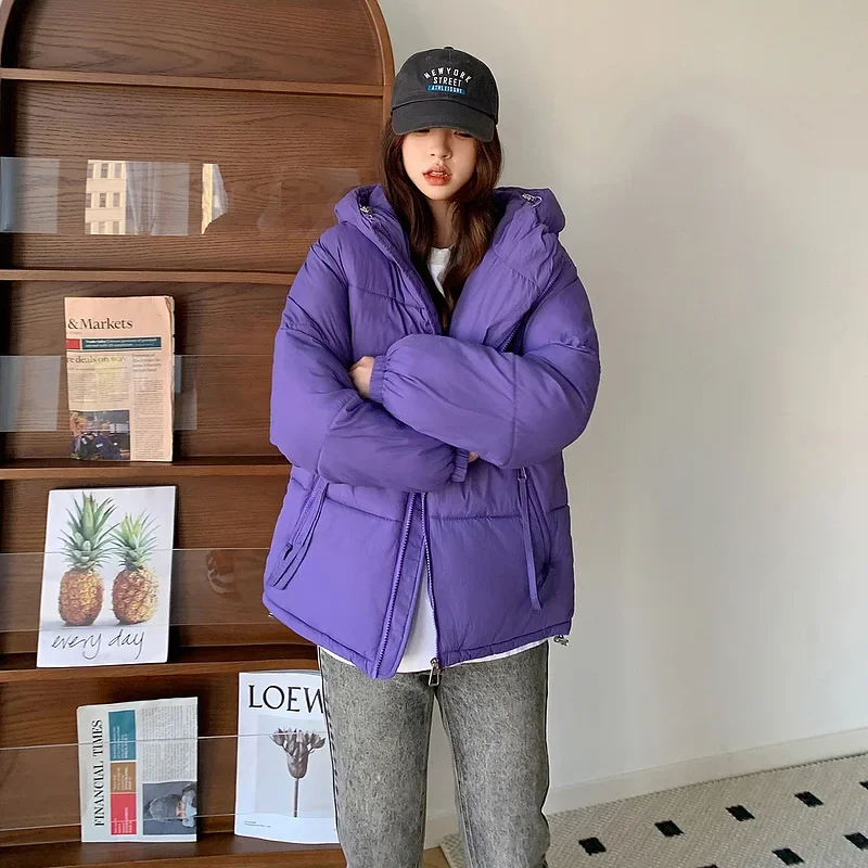 Утолщенное свободное утягивающее пальто с капюшоном на хлопковой подкладке для