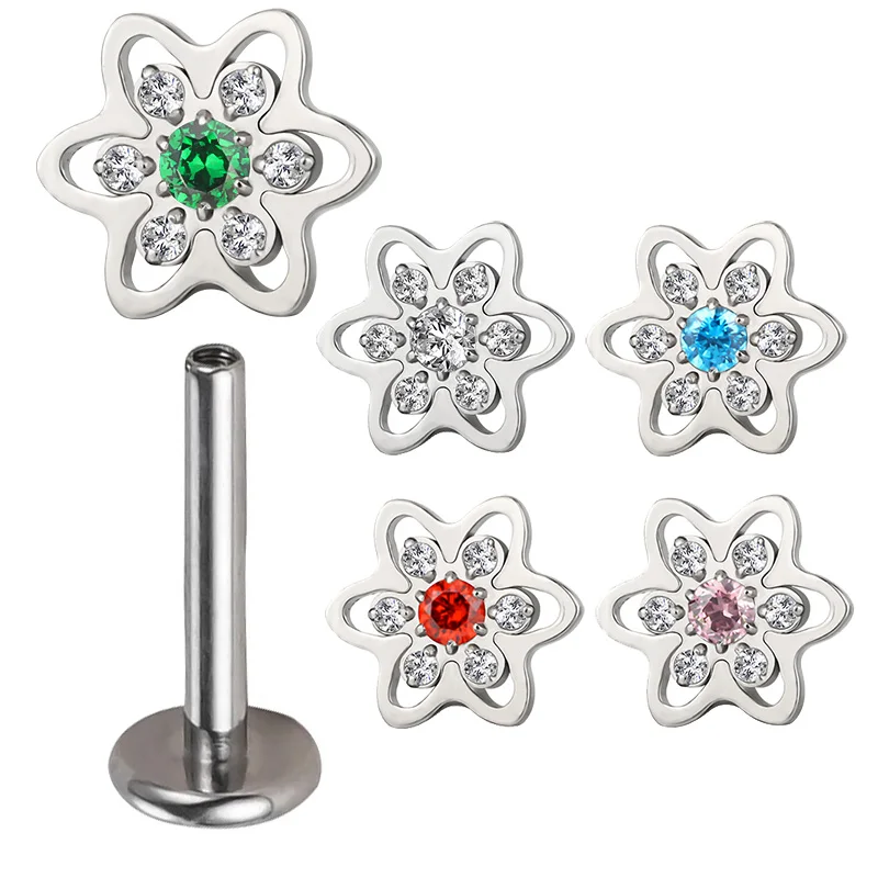 

G23 Titanium Ear PIERC Flower Shaped Earrings Zircon Paved Top Cartilage Threaded Labret Lip Stud Tragus Body Piercing Jewelry