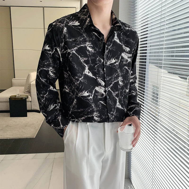 Crack Printed Shirts for Men 2022 Long Sleeve Loose Casual Shirt High Quality Streetwear Social Party Tuxedo Blouse Men Clothing