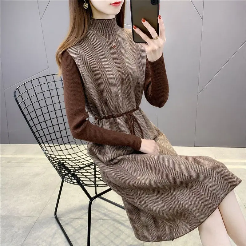

Woman 2022 Casual Mid-length Knit Sweater Solid Color Bottoming Versatile Thick Sweater Slim Lady Dress Autumn Winter New T208