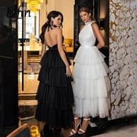 elfin simple backless whiteblack tulle prom dresses high neck tiered short bride party gowns tea length formal dress