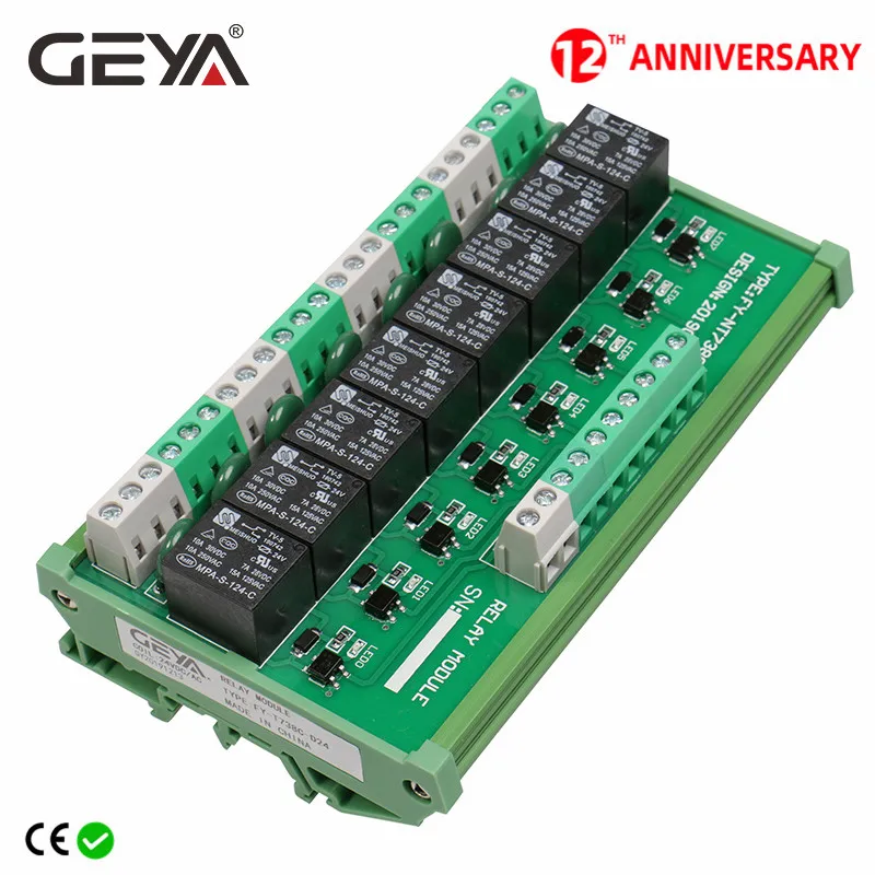 GEYA 8 Channel Interface Relay Module 5VDC 12VACDC 24VACDC DIN Rail Panel Mount for Automation PLC Board