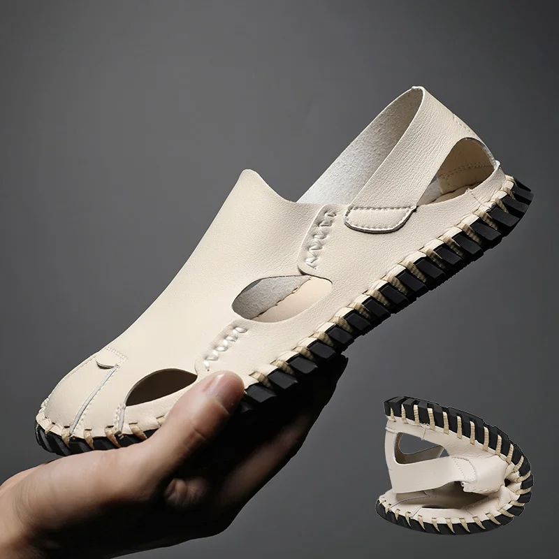 

Summer Big Size 38-48 Men's Sandals Fashion Handmade Leather Casual Male Shoes High Quality Outdoor Breathable Beach Slippers