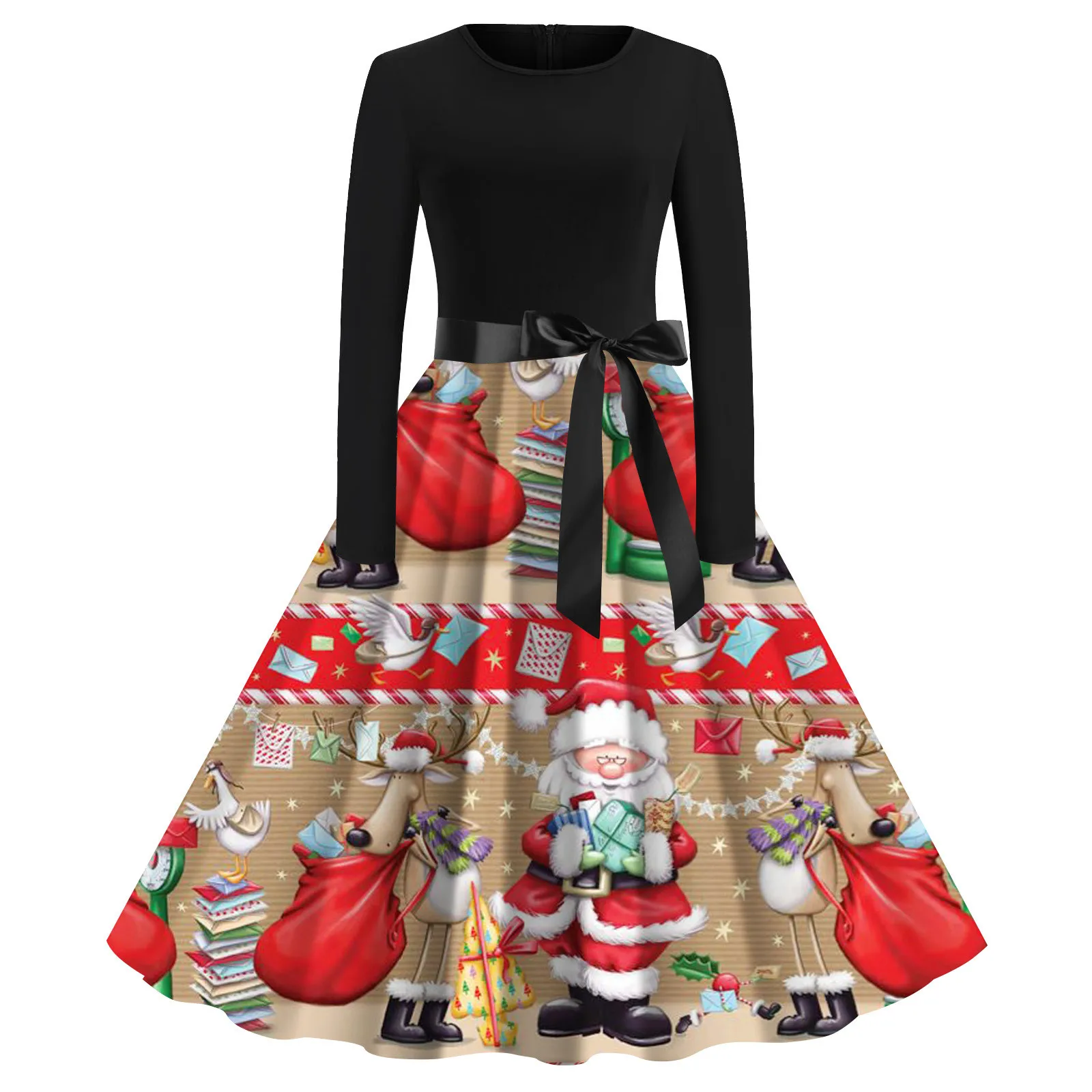 

Women Long Sleeve t shirt Dress Vintage Christmas Santa cartoon Printed Pattern crew neck Big Swing Dresses Vacation Vestidos