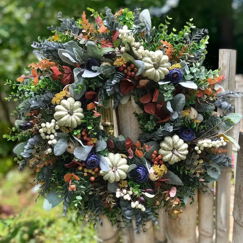 

Autumn White Pumpkins Ranunculus Wreath for Front Door Fall Eucalyptus Farmhouse Wreath Rustic Autumn Wreaths Pumpkin Wreath
