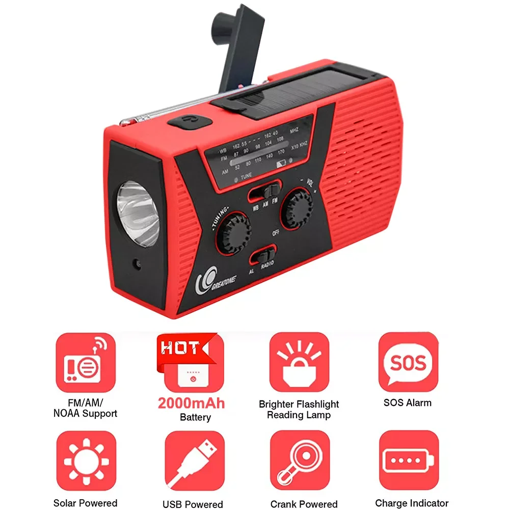 

NEW2023 Multifunctional Solar Emergency 2000mAh Bank Weather Radios with Hand Crank NOAA/AM/FM Headphone Jack Alarm Reading Lam