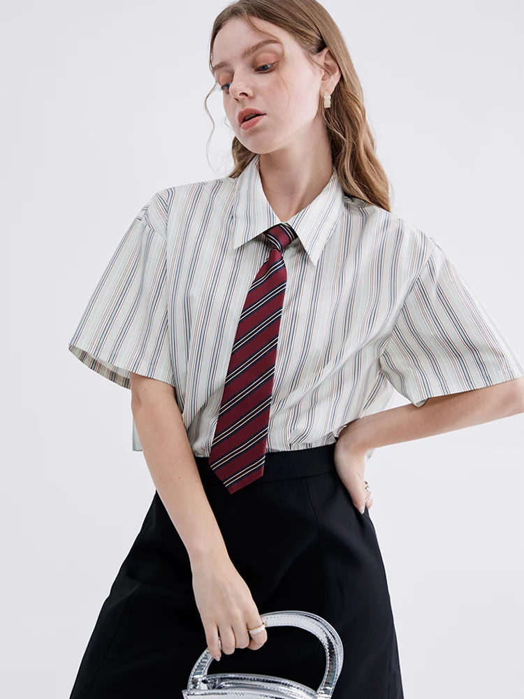 

Women's Suit Set Loose Striped Short Sleeve Tie Shirt And Black Mini Skirt Casual Fashion Two Pieces Set Preppy Style Clothes