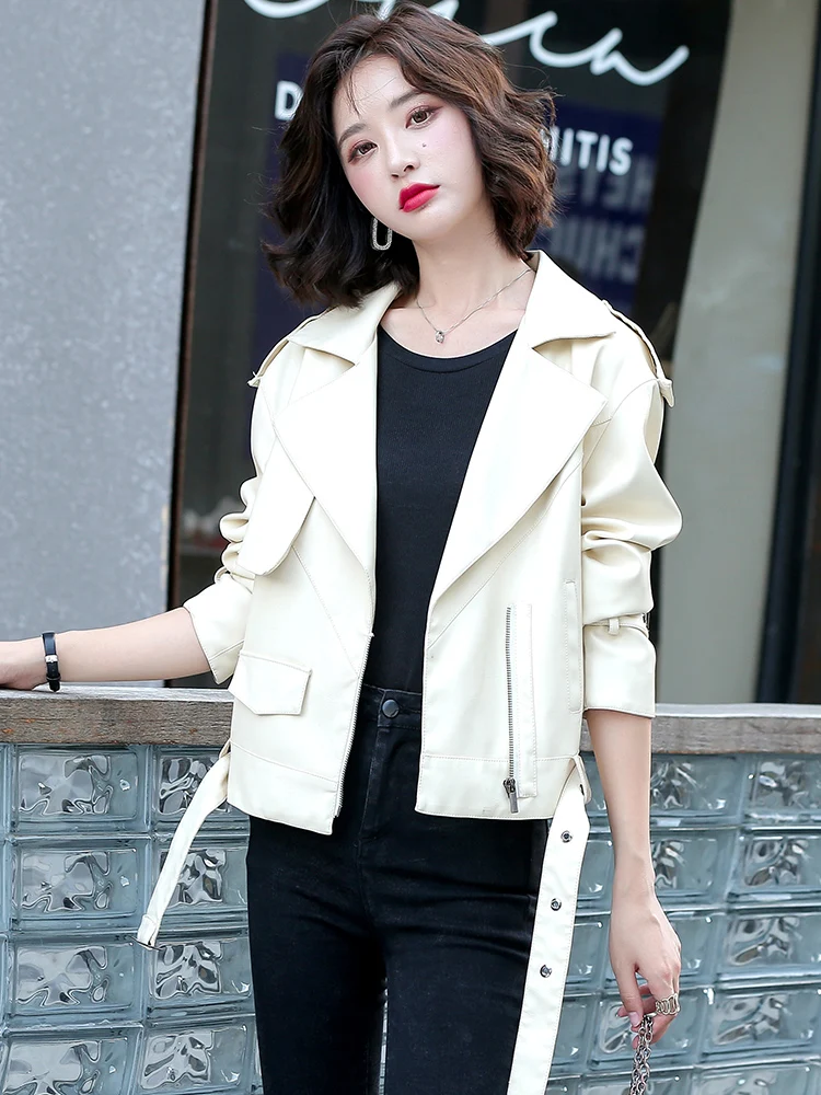 New Spring Autumn Women Leather Jacket 2022 Ladies Suit Collar Solid With Belt Zipper Biker Coat Female Casual Moto Outerwear