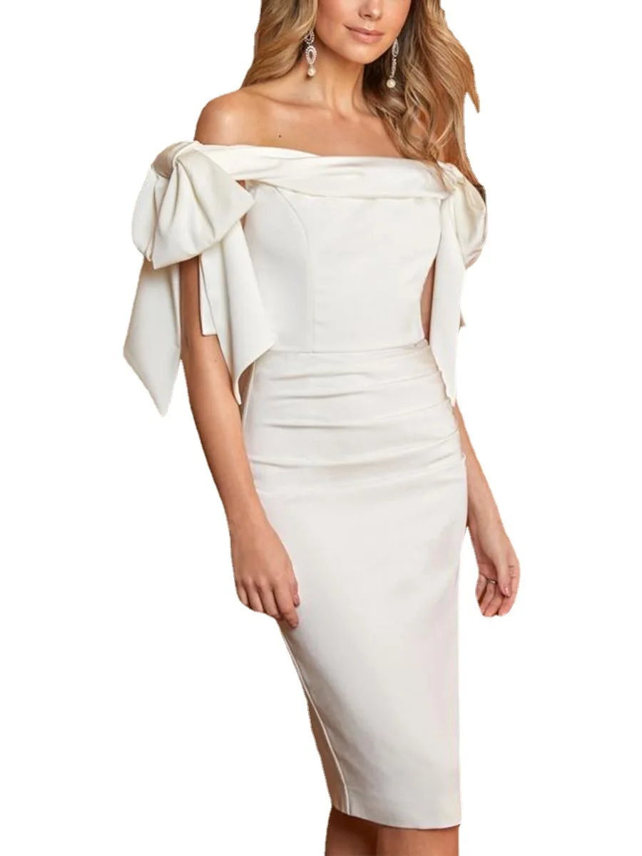 PLEINDI Luxurious Evening Dresses Boat Neck Half Sleeves Straight Knee-Length Chiffon 2022 New of Tiered Prom Women Dress