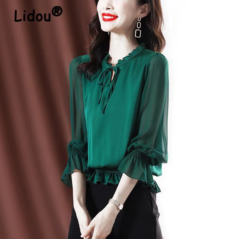 

Chiffon Shirt Women Pullovers Gauze Long Sleeves Bow Elegant Office Urban Fashion Vintage Frenulum Splicing Female Blouses 2022