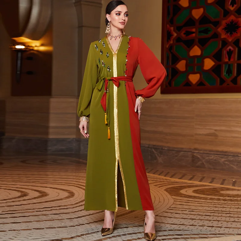 Military Green Orange Red Color Block Fashion Muslim Moroccan Kaftan Dubai Dress Rhinestone Tassel Tape Trim Lantern Sleeve Eid