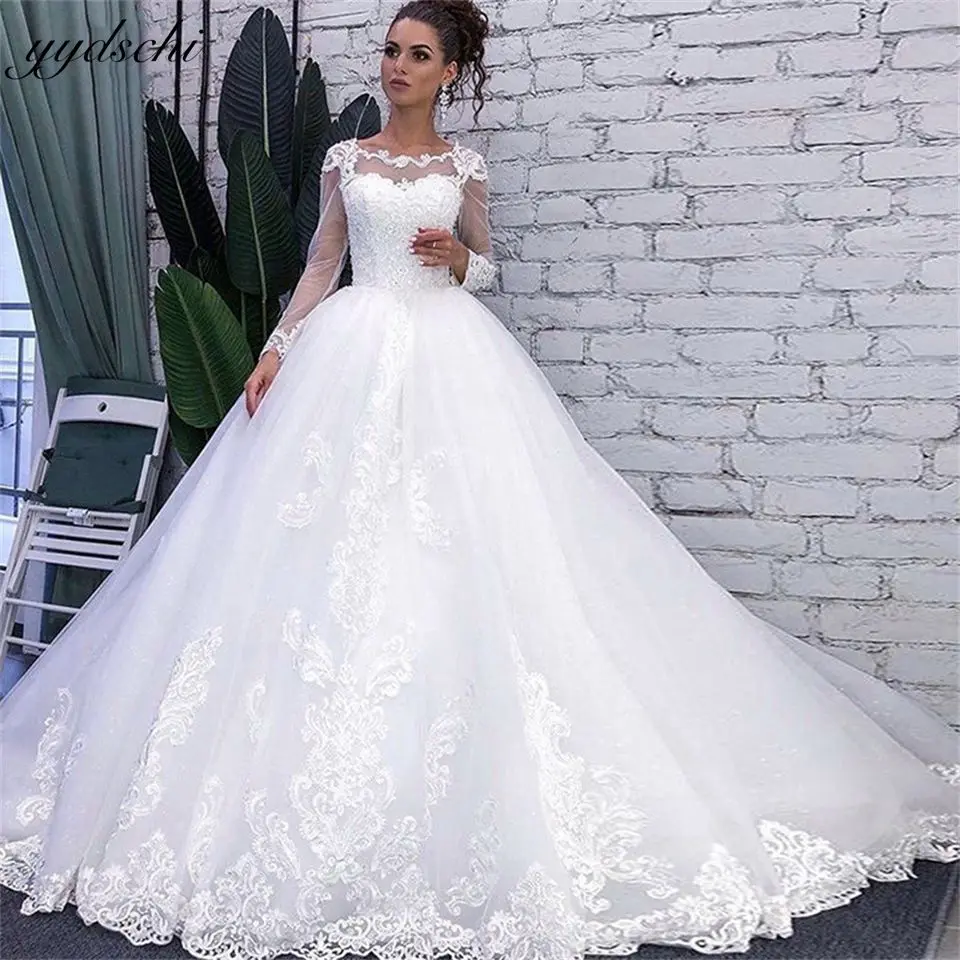 

Elegant White Illusion Long Sleeves Wedding Dresses 2023 Lace Appliques Puffy A-Line Bridal Gowns Court Train Vestido De Noiva