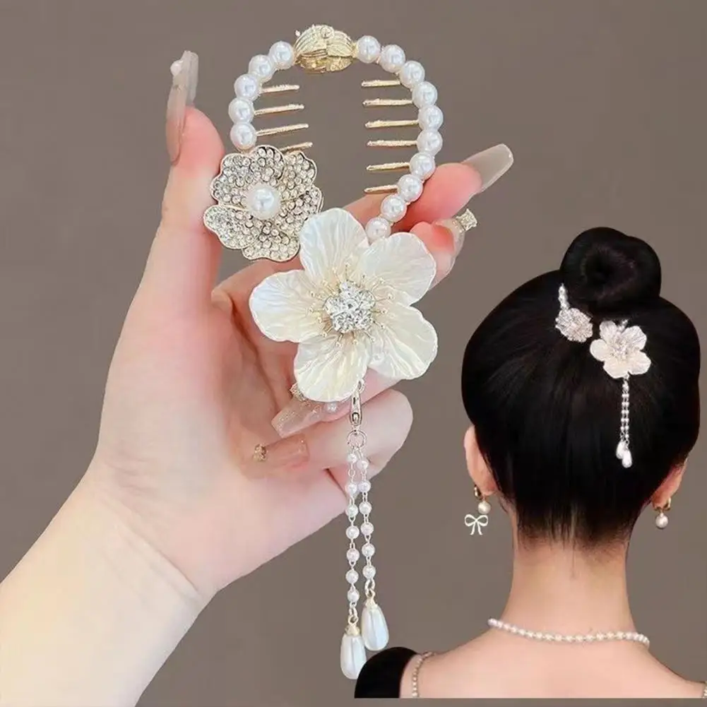 

Ponytail Hair Clip Green Leaf Flower Tassels Faux Pearls Chinese Style Hair Accessory Rhinestone Inlaid Women Hair Bun Claw Clip