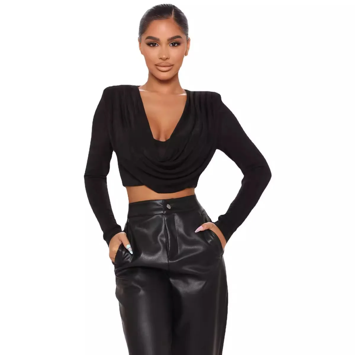 Розово-красный элегантный укороченный топ с v-образным вырезом женская осенняя