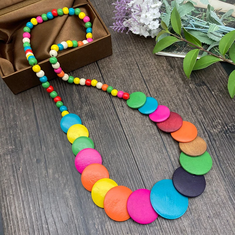 

Bohemian Vacation Style Exaggerated Colorful Wooden Necklaces for Women Handmade Beaded Long Statement Necklaces Beach Jewelry