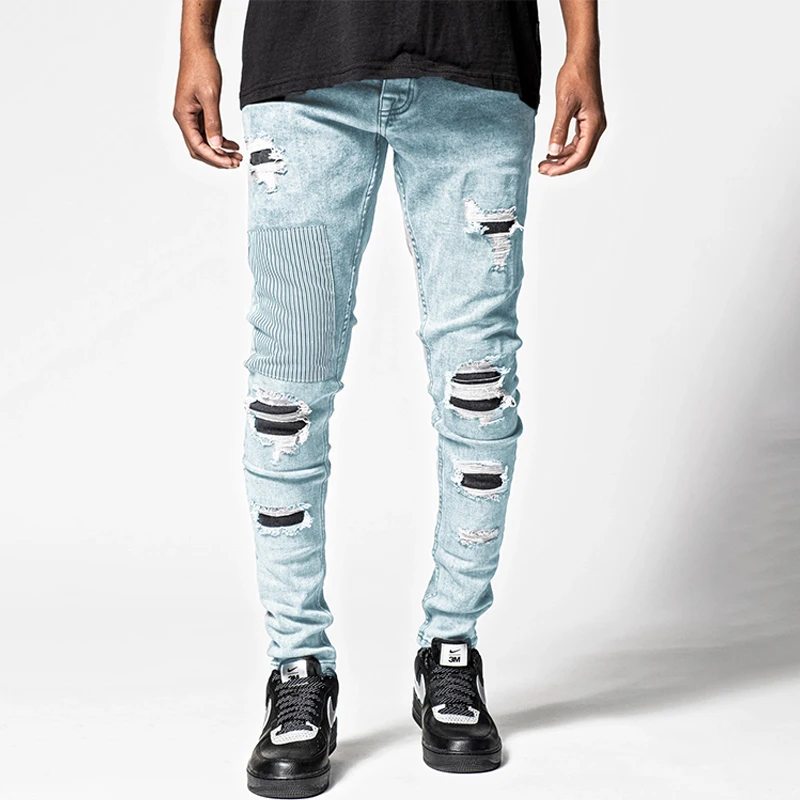 Ripped Jeans Men's Casual Pants Fashion Skinny Beggar Patch Blue Slim Pencil Denim Trousers Streetwear Jeans for Men