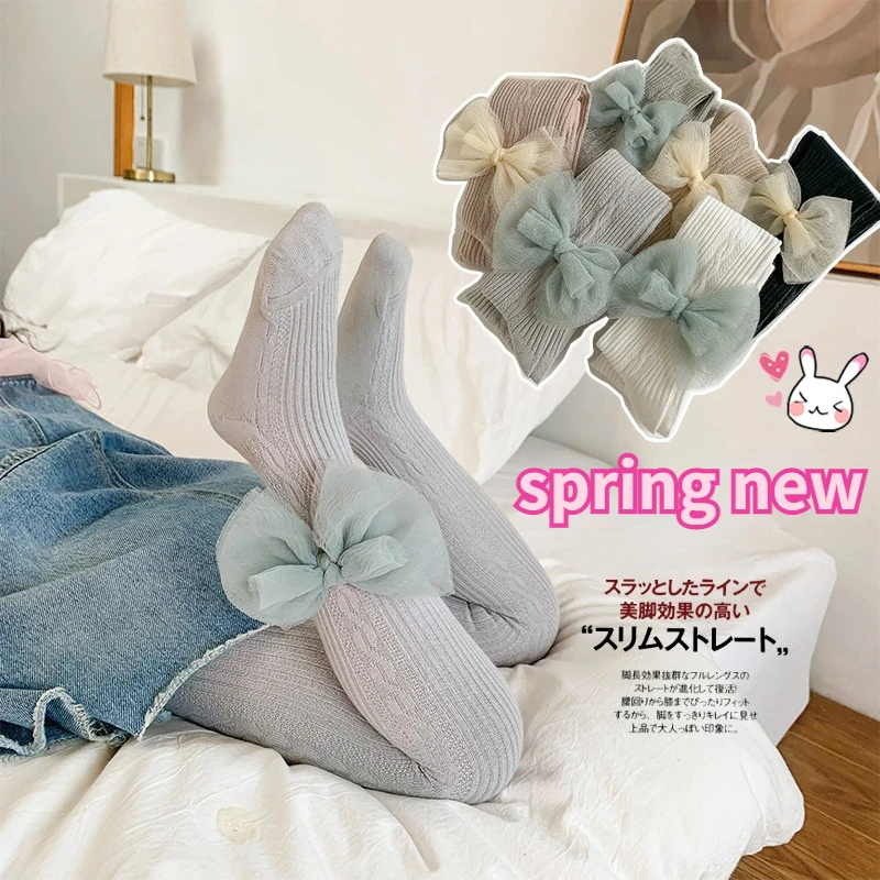 Весенние леггинсы для девочек 2022 белые сетчатые детские колготки с бантом и