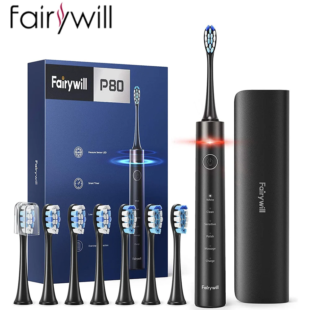 

Fairywill электрическая зубная щетка P80 40000 микро-щетки Вибрирующая с нажимом Senor взрослая Водонепроницаемая Электронная зубная щетка