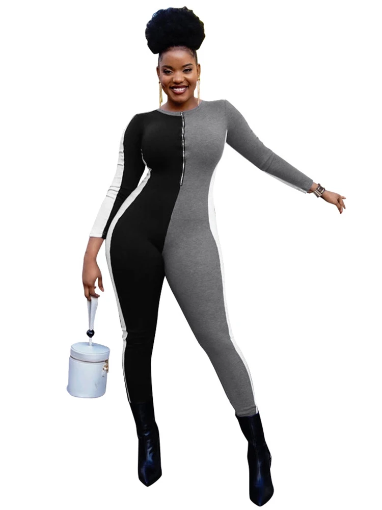 

Женский цельный комбинезон на молнии, с круглым вырезом и длинным рукавом