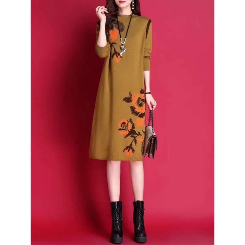 

Женское трикотажное платье-свитер, длинное облегающее платье-свитер выше колена с цветной прострочкой, плотная базовая юбка, Новинка осени и зимы 2023