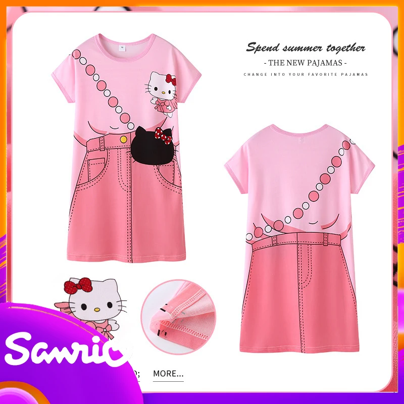 

Cartoon Sanrios Nightgown Hellokitty Cinnamoroll Kuromi Children Nightdress Kawaii Summer Short Sleeve Pajama Dress Home Clothes