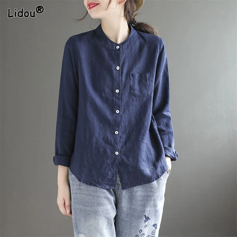 Solid Vintage Button Pockets Simple Leisure Loose Round Neck Neutral Spring Summer Thin Shirt Women's Clothing Straight Cardigan