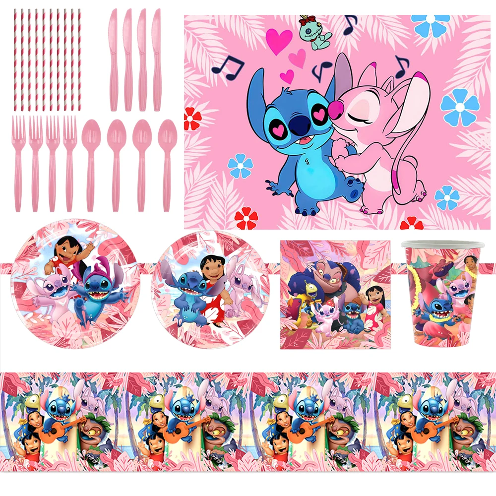 

Disney Pink Lilo&Stitch Cartoon Theme Birthday Party Supplies Disposable Tableware Balloon Backdrop Baby Shower Girl Kid Gift