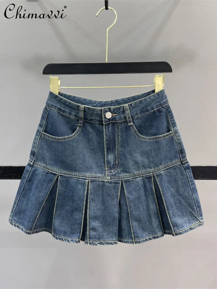 

Retro College Style Younger Pleated Skirt Women's 2023 Summer Korean Style Fashion High Waist A- Line Anti-Exposure Denim Skirt