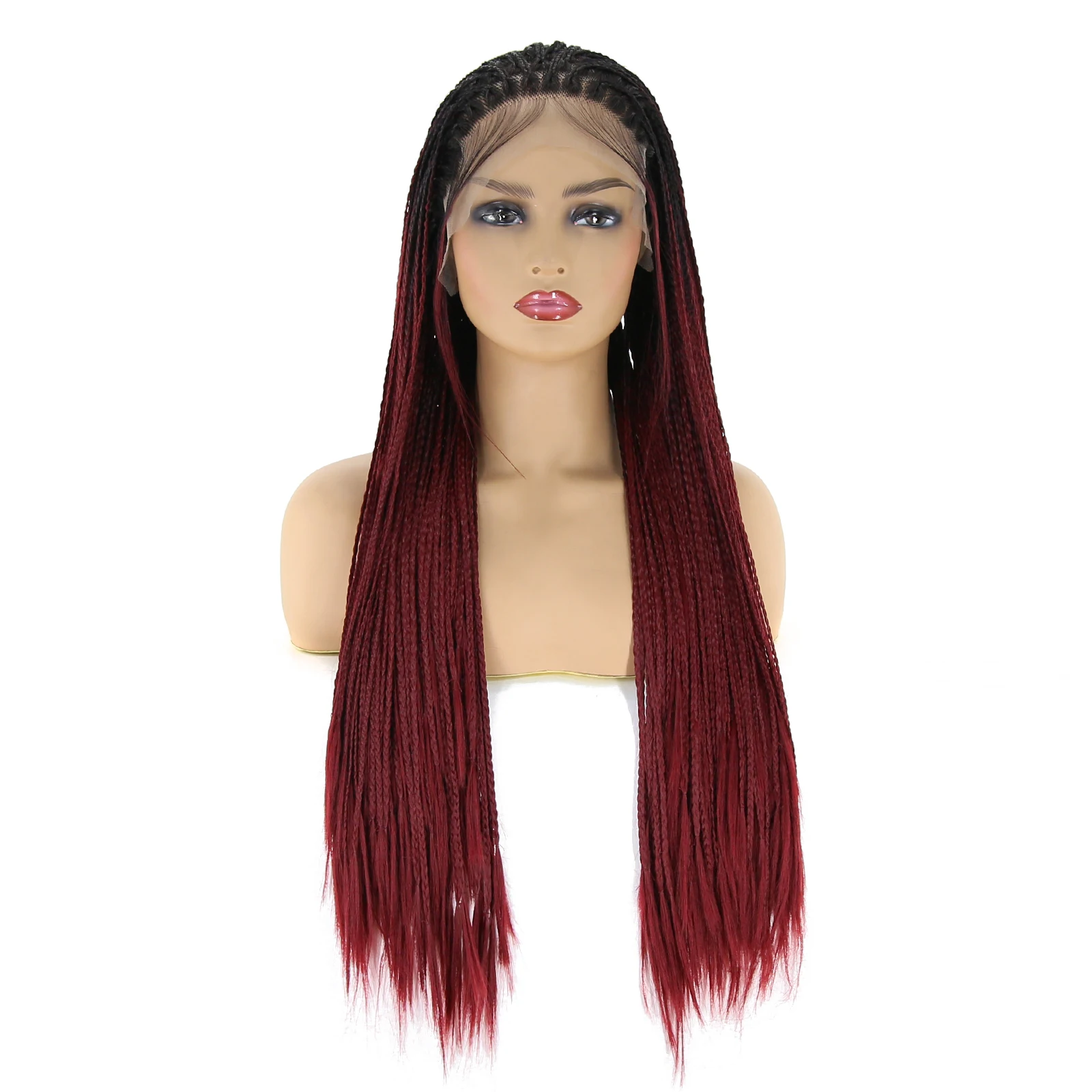 BTWTRY Black Gradient Burgundy Synthetic Lace Front Wig for Black Women Micro Braided Box Braids Wig African American Hair