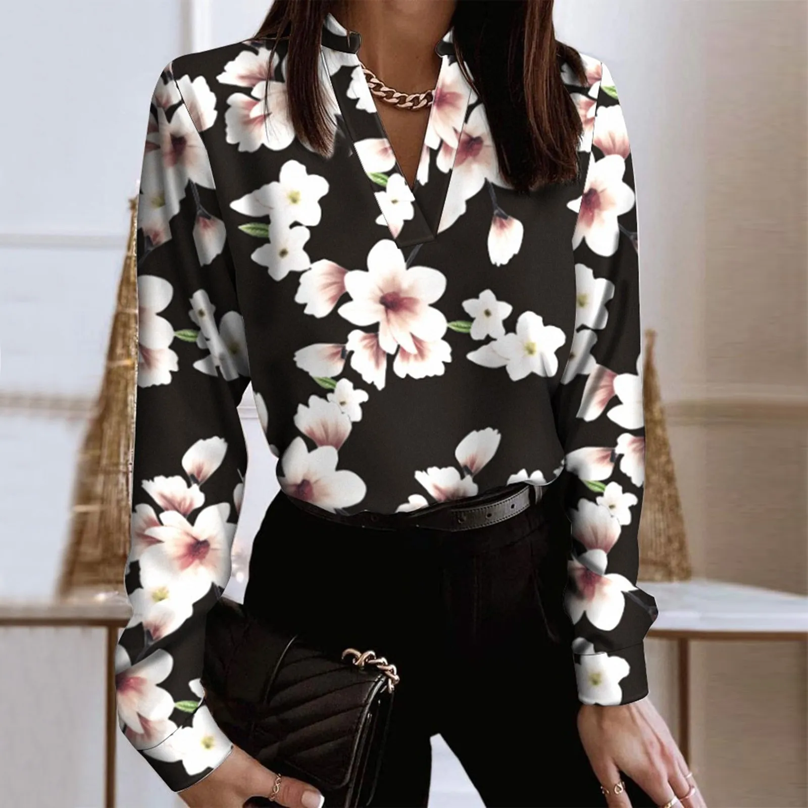 

Womens Boho Floral Blouse Long Sleeve Spring Summer Shirts Loose Flowers Printed Pullovers Elegant Office Ladies Blusas Female