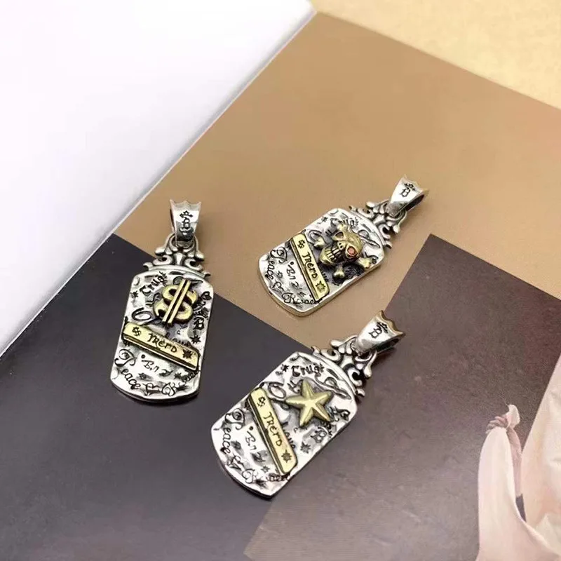 S925 pure silver necklace ancient men women with hang drop graffiti skeleton star pendant personality
