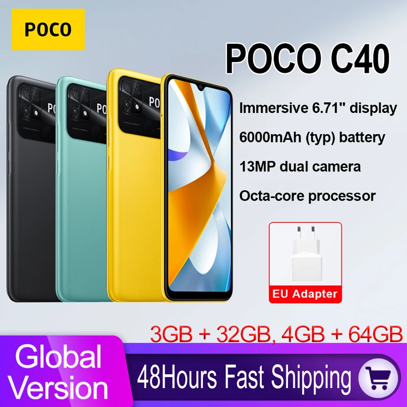 

In Stock POCO C40 Global Version Smartphone 32GB / 64GB 6000mAh battery 6.71” Display JLQ JR510 Octa-core CPU 13MP Camera