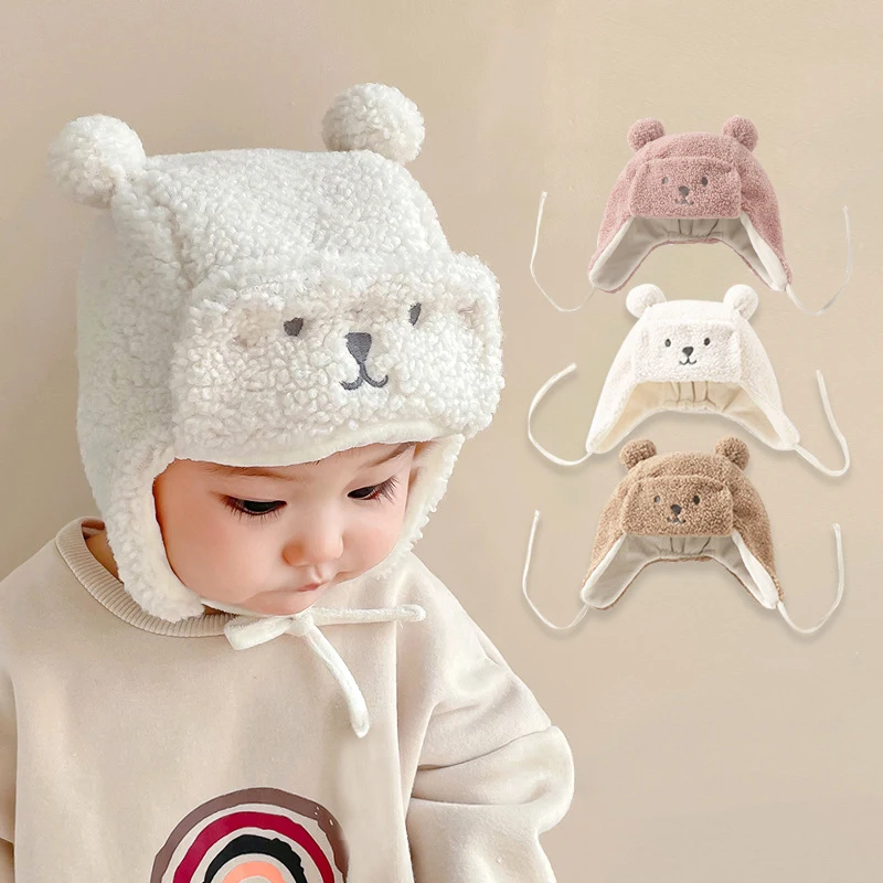 Bear Winter Baby Bonnet Newborn Hat with Earflap Thick Warm Toddler Hats Infant Beanie Baby Girl Boy Cap 0-12M