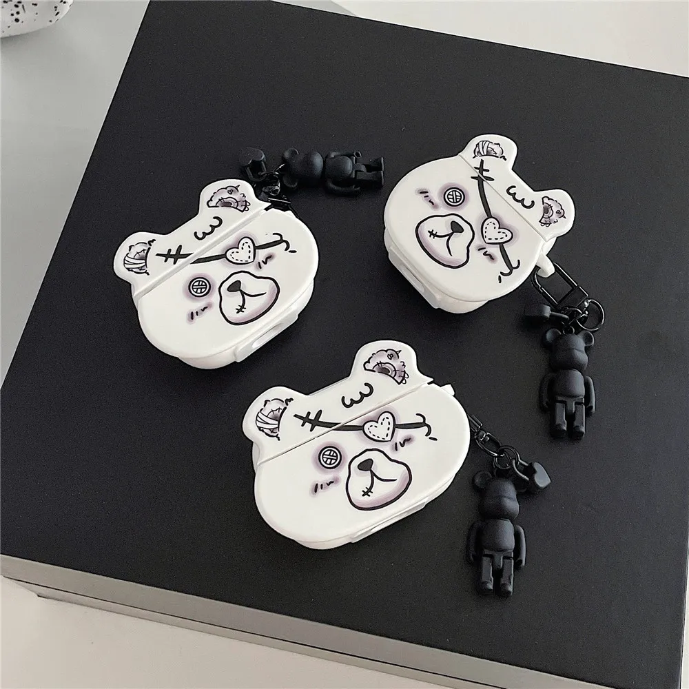 Чехол для наушников Apple Airpods Pro 3 2 1 "Модный панк-медведь с подвеской" с защитой и зарядным ящиком для наушников Airpod.