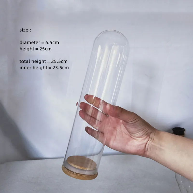 

2sets/pack 6.5*25cm Transparent Glass Dome Home Decoration Sealing Bamboo Base Tall Form Cover DIY Friend Gift