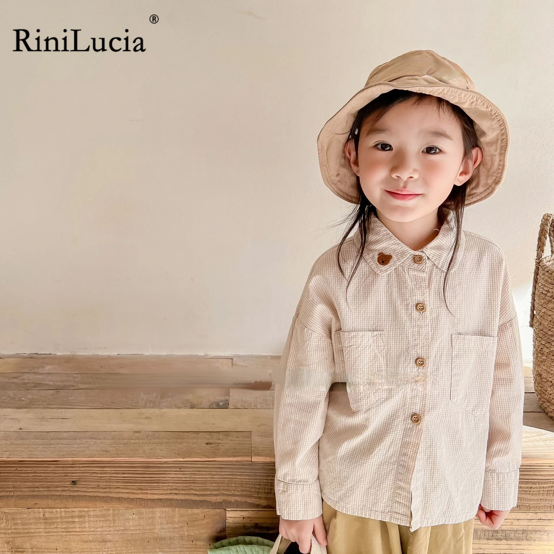 

RiniLucia Spring Autumn Kids Baby blouses 2023 New Long Sleeve Cartoon Plaid Boys Shirt Toddler Girls Clothing Children Blouse