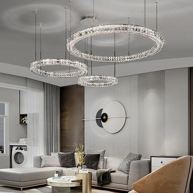

Luxury 3-Sides Design Crystal Led Chandelier Lighting Living Dining Room Lustre Modern Chrome Steel Rings Pendant Lamp Luminaire