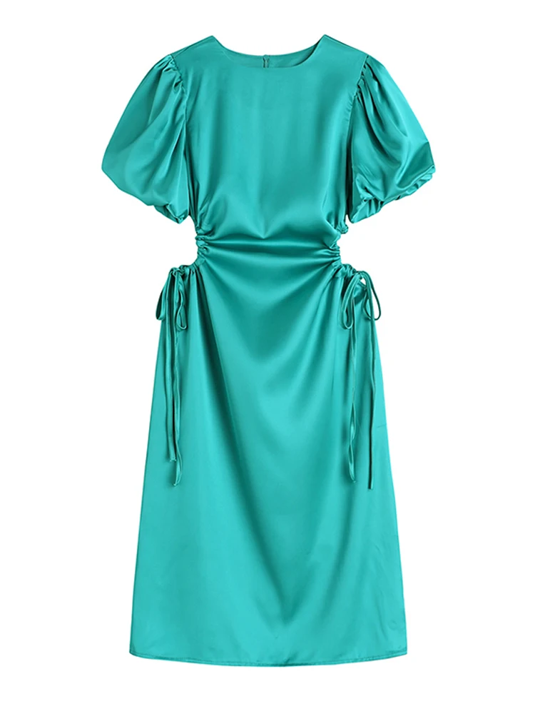 

Summer French Vintage Puff Sleeve Satins Dress For Women 2023 Maxi Solid Color Aesthetic Tunic Frocks Evening Fashion New Formal