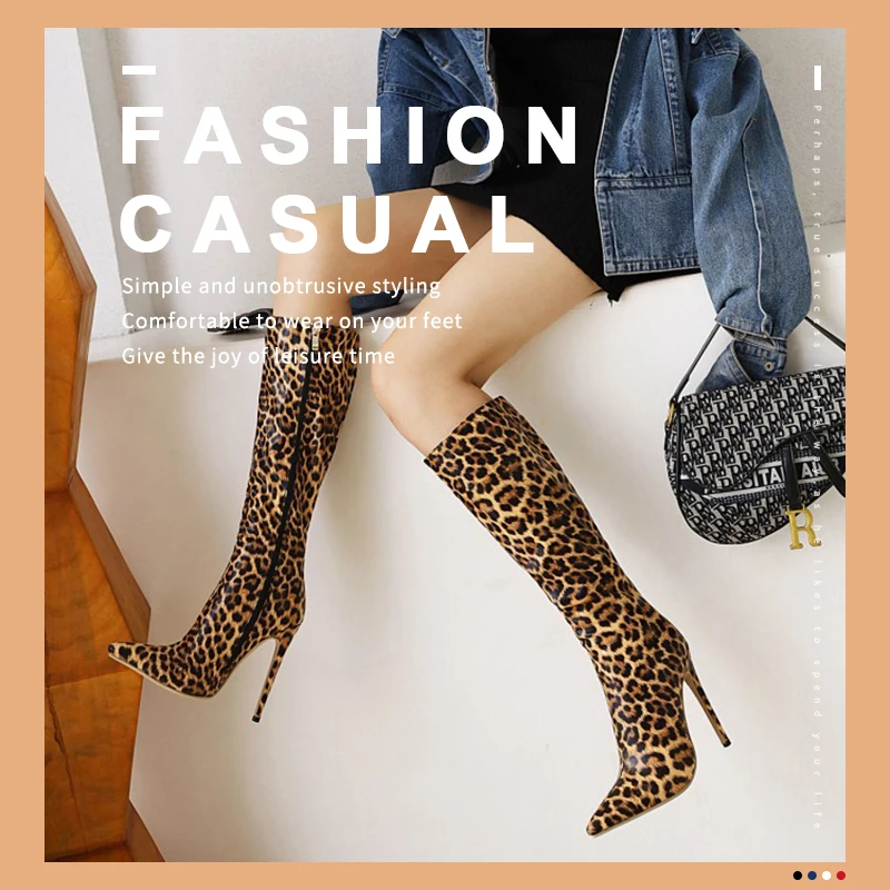 

Women Sexy Leopard Print Elasticity Boots Female Over The Knee Thigh High Fur Boot Pointed Toe High Heels Lady Winter Cloth Shoe