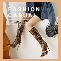 women sexy leopard print elasticity boots female over the knee thigh high fur boot pointed toe high heels lady winter cloth shoe