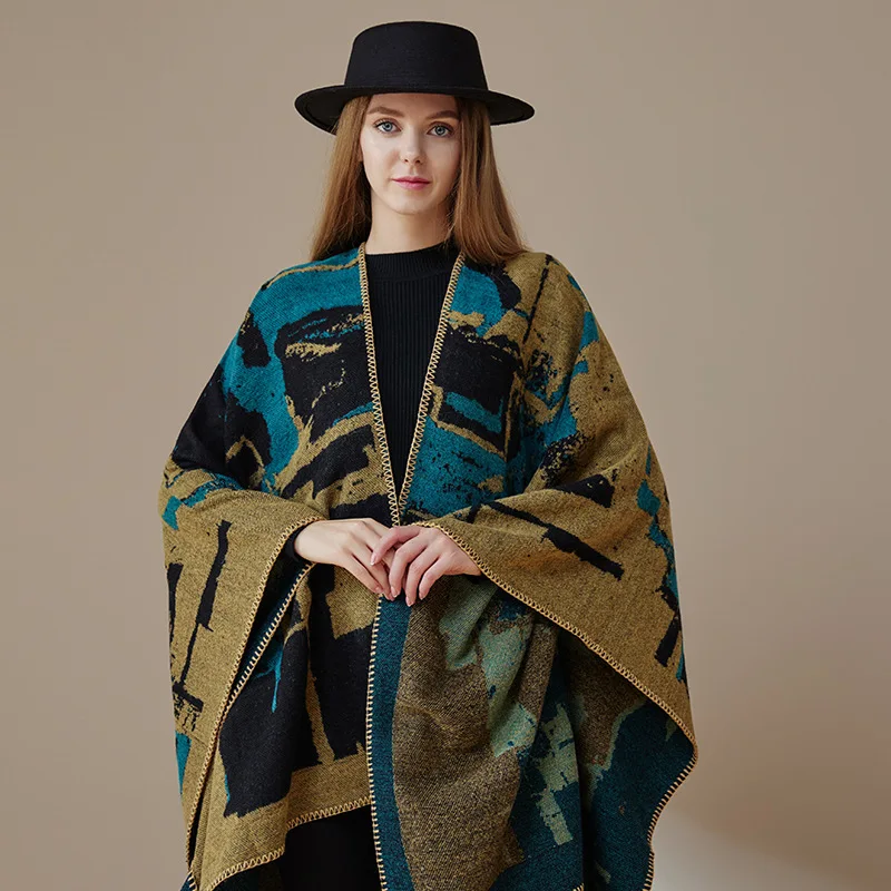 

Камуфляжный принт с разрезом вилка плотная стильная Шаль женские винтажные накидки пончо осеннее одеяло богемный кардиган плащ накидки в с...