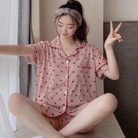 womens summer 2022 fashion pajamas short sleeve shorts lapel two piece suit polyester v neck casual home wear clothing