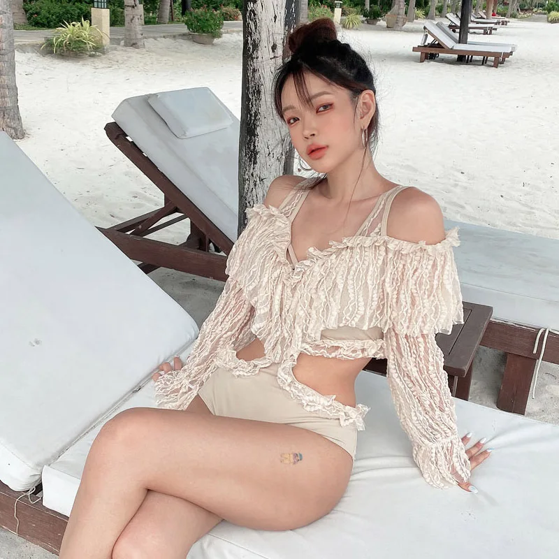

New Net Red Super Fairy Swimsuit Ladies Sexy One-piece Backless Hollow Lace Triangle Hot Spring Vacation Party Swimwear