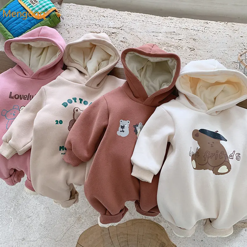 

Mengoqq Infant Baby Girl Boys Autumn Winter Hooded Full Sleeve Letter Cartoon Print Thickened Plush Casual One Piece Romper0-24M