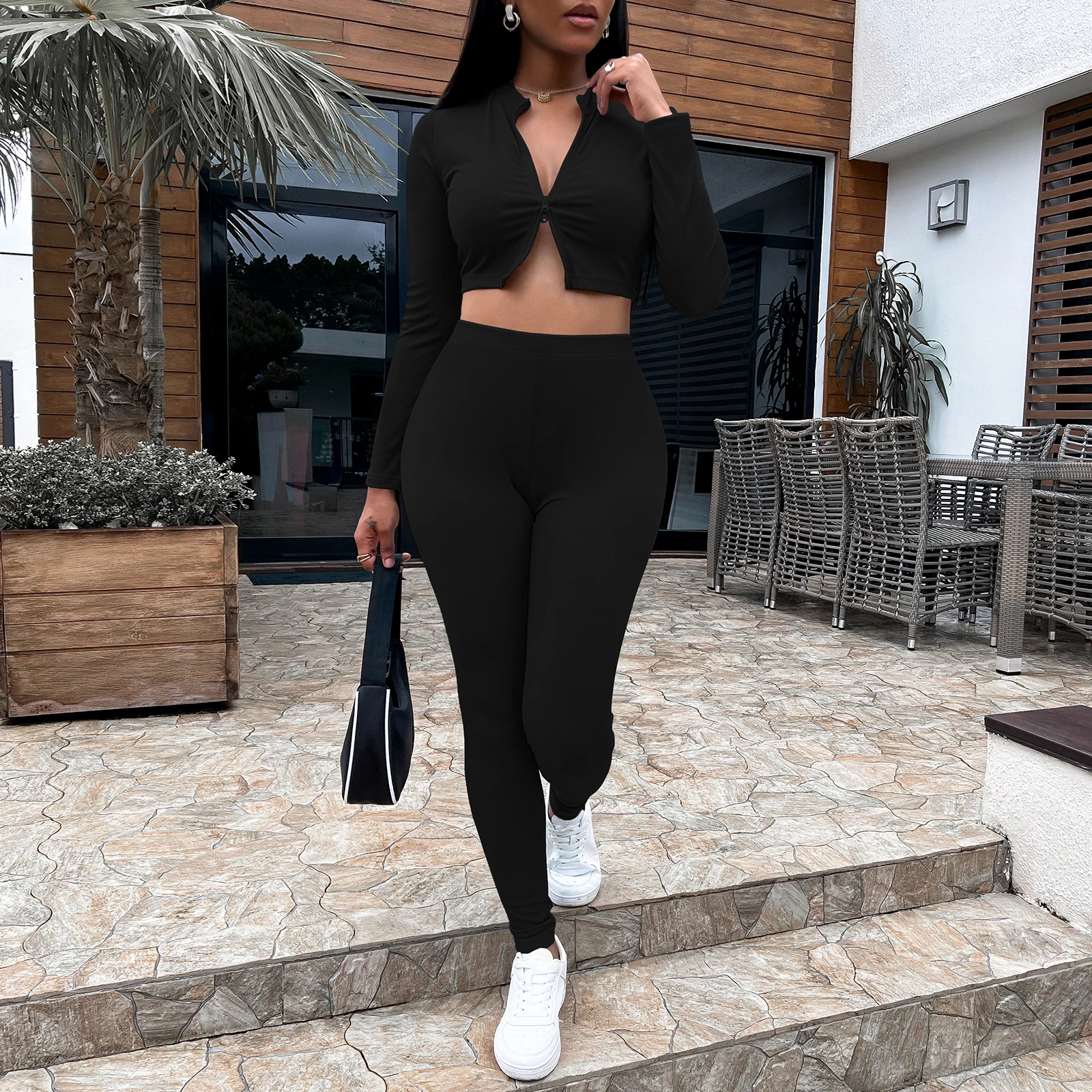 

Women hot style high collar full sleeve jumpsuit conjoined zipper suit Sports Set