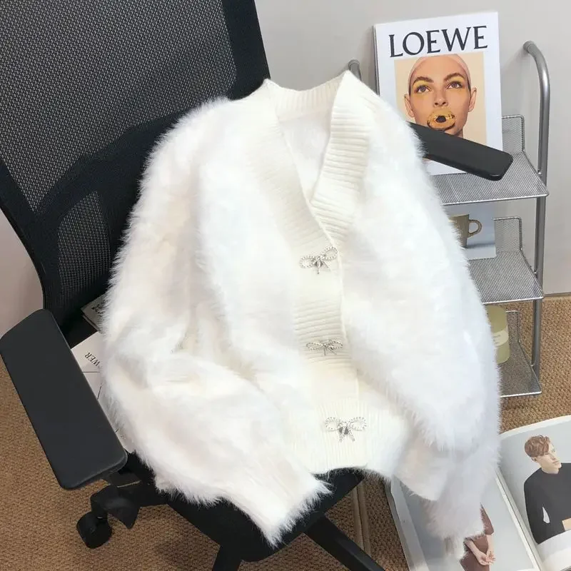 Вязаный кардиган свитер розовый норковый пальто женский осенний утолщенный