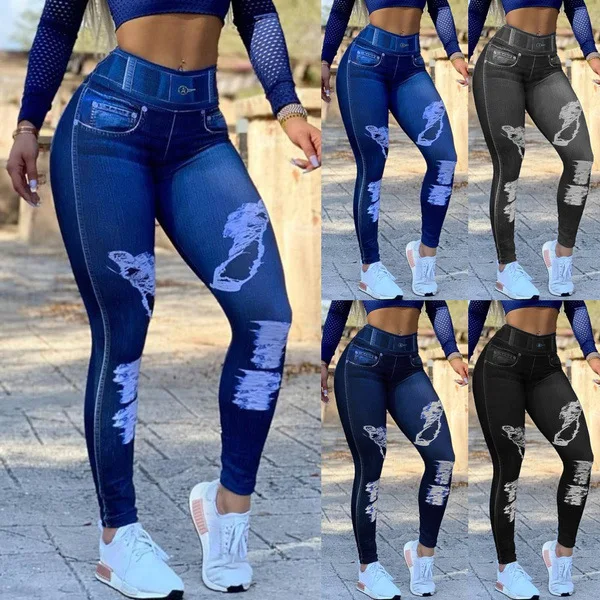 

Faux Denim Leggings Women Yoga Pants Fall Street Casual Ladies Clothes Slim Skinny 2022 New Leggings Long Pants