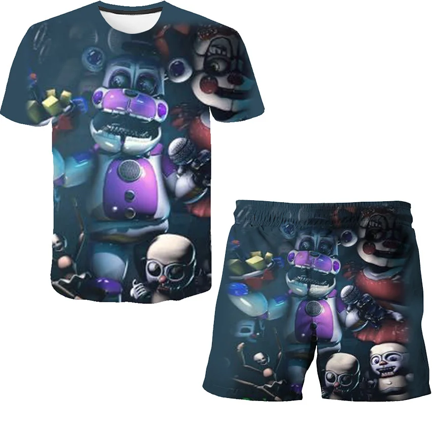 

2pcs Sets Boys Girls Five Night At Freddy Suits Summer Fashion Short Sleeve T-shirts + Short Pants Clothing Outfits 4-14 Years